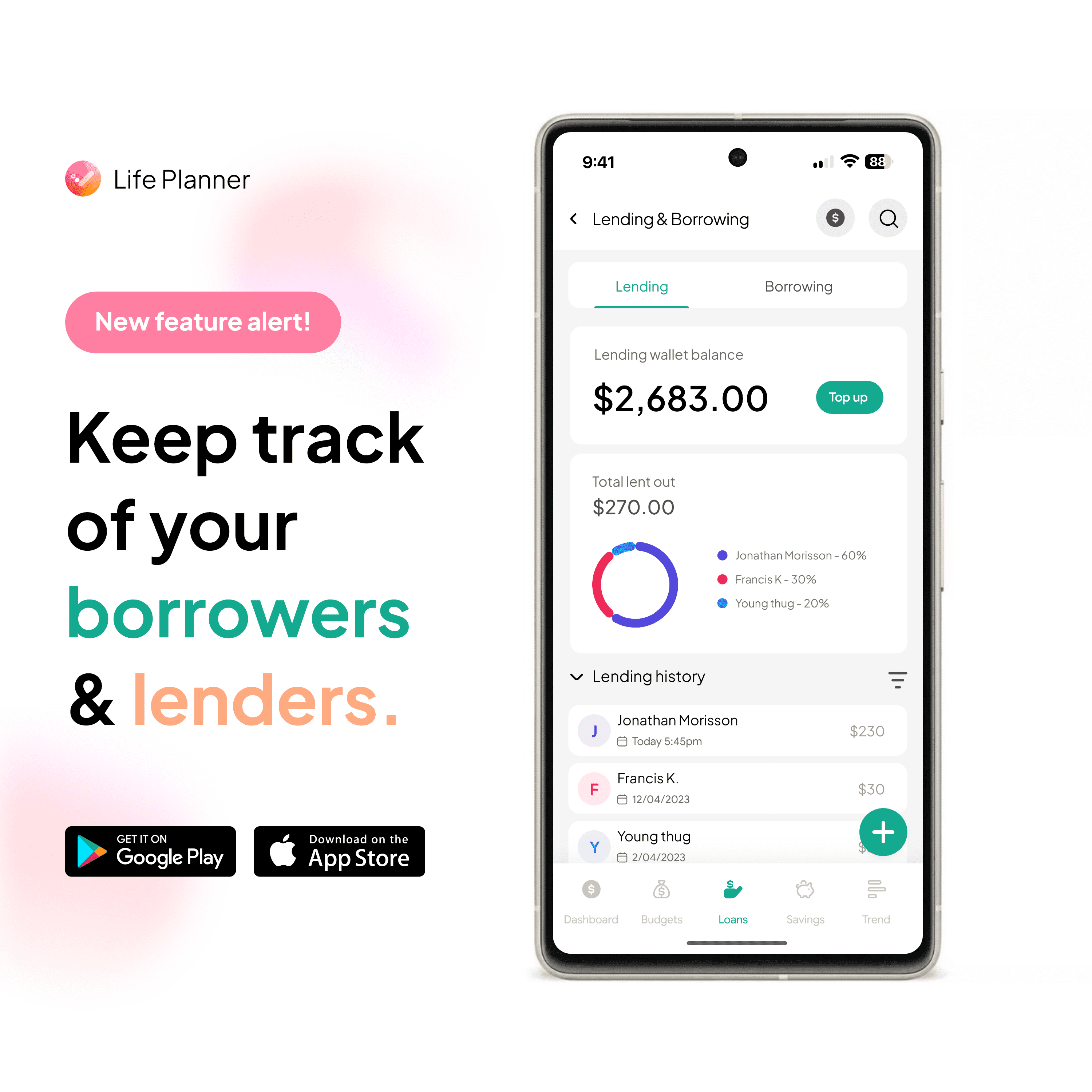 Life Planner Loan and Lending Tracking Features